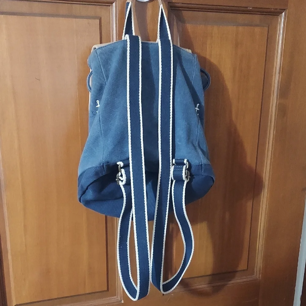 L.L. Bean Vintage Canvas & Leather Backpack Small Anchor Pattern Nautical Boho - Picture 8 of 13